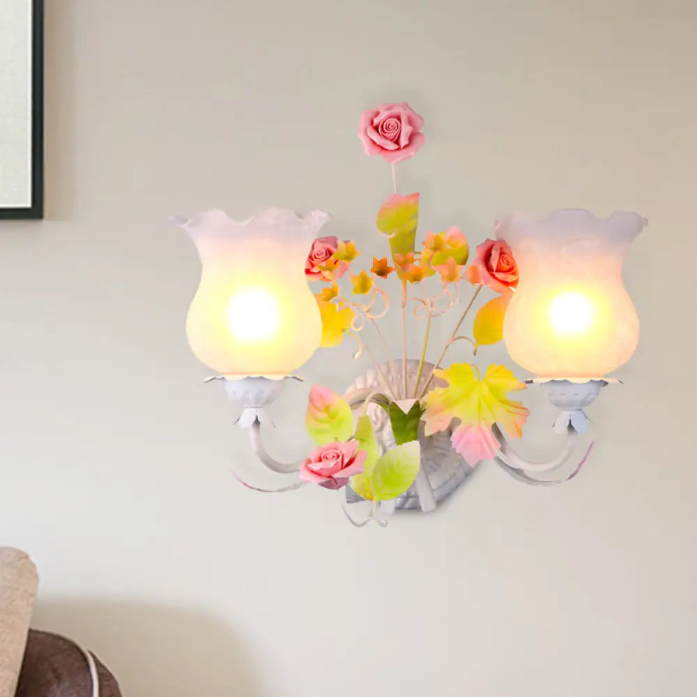 Retro Metal Flower Sconce Light With Glass Shade - Bedroom Wall Mounted Fixture 2 Heads And Bloom