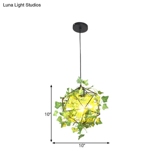 Retro Metal Pendant Ceiling Light: Geometric Design 1 Head Black Led Drop Lamp With Plant Decor -