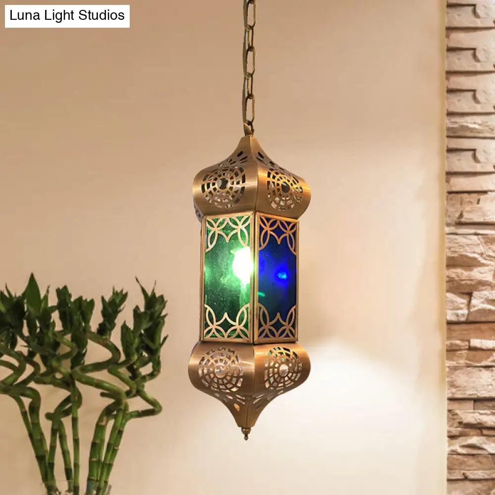 Retro Metal Hanging Lantern Light Kit - 1-Light Pendant Ceiling Lamp In Blue Ideal For Living Room