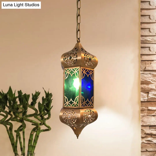 Retro Metal Hanging Lantern Light Kit - 1-Light Pendant Ceiling Lamp In Blue Ideal For Living Room