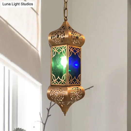 Retro Metal Hanging Lantern Light Kit - 1-Light Pendant Ceiling Lamp In Blue Ideal For Living Room