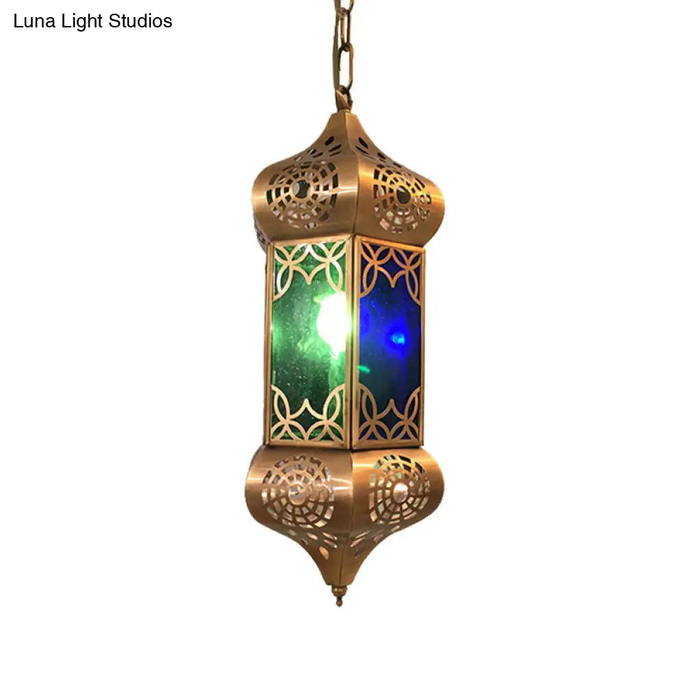 Retro Metal Hanging Lantern Light Kit - 1-Light Pendant Ceiling Lamp In Blue Ideal For Living Room