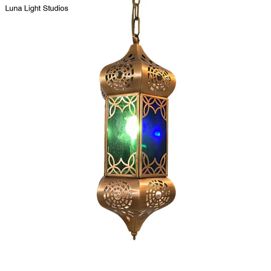 Retro Metal Hanging Lantern Light Kit - 1-Light Pendant Ceiling Lamp In Blue Ideal For Living Room