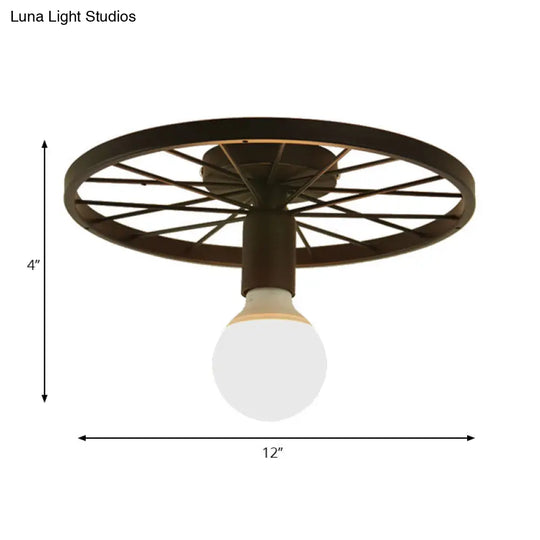 Retro Metal Pendant Light - Wheel Shaped Semi Flush Mount With 1 Bulb And Black Finish For Corridors