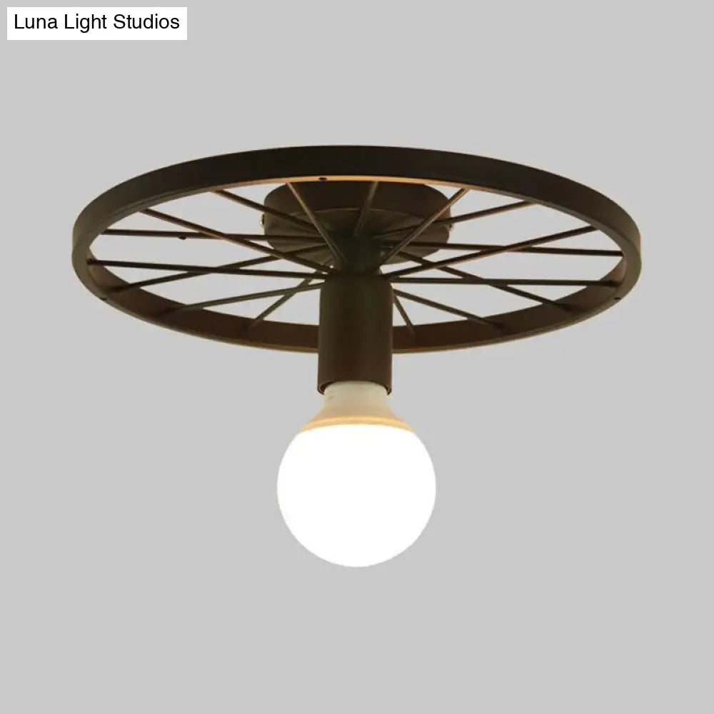 Retro Metal Pendant Light - Wheel Shaped Semi Flush Mount With 1 Bulb And Black Finish For Corridors