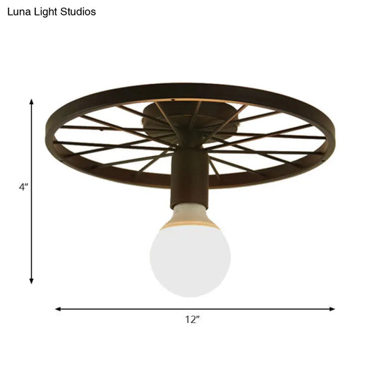 Retro Metal Pendant Light - Wheel Shaped Semi Flush Mount With 1 Bulb And Black Finish For Corridors