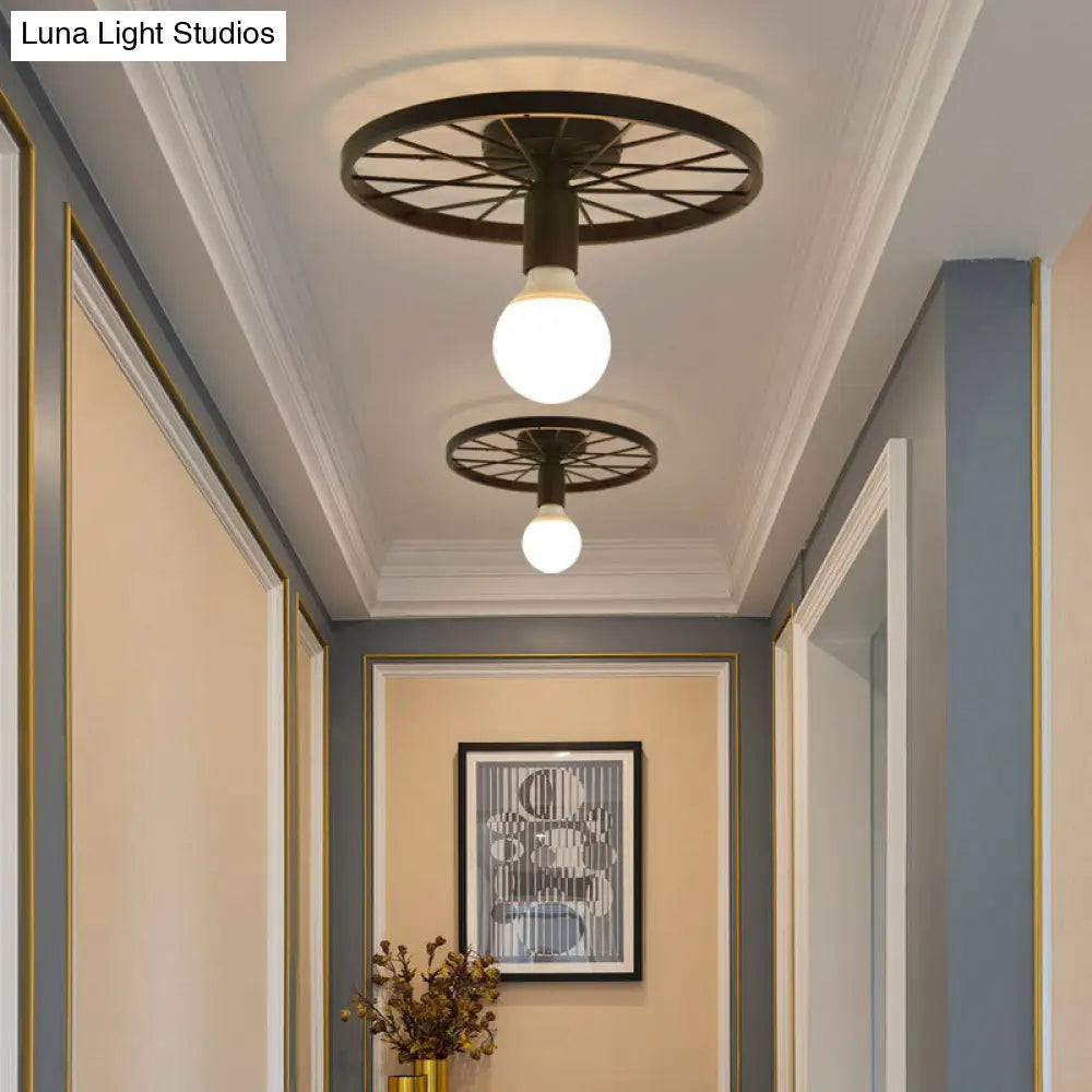 Retro Metal Pendant Light - Wheel Shaped Semi Flush Mount With 1 Bulb And Black Finish For Corridors