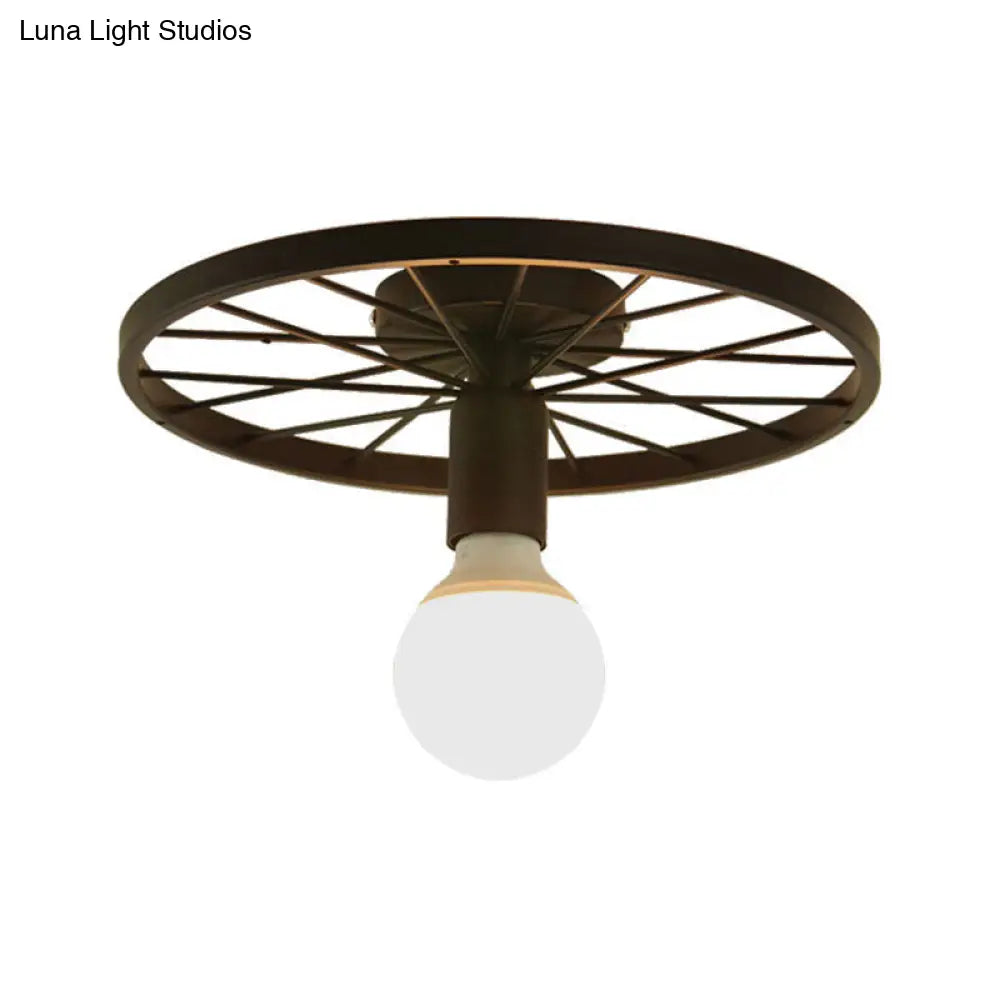 Retro Metal Pendant Light - Wheel Shaped Semi Flush Mount With 1 Bulb And Black Finish For Corridors