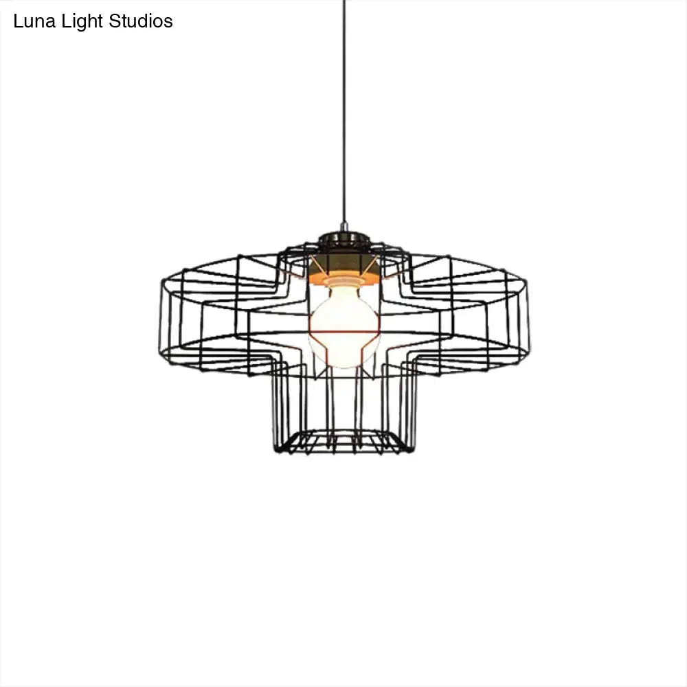 Retro Metal Pendant Light With Barrel/Cylinder Cage Shade - Bedroom Hanging Lamp In Black