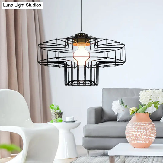 Vintage Black Hanging Pendant Light With Metal Cage Shade For Bedroom - Retro Style Lamp / Drum
