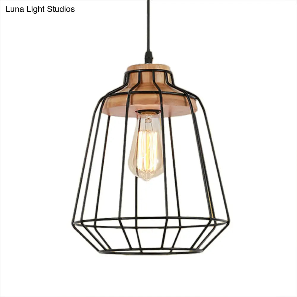 Vintage Black Hanging Pendant Light With Metal Cage Shade For Bedroom - Retro Style Lamp