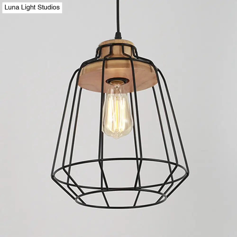 Retro Metal Pendant Light With Barrel/Cylinder Cage Shade - Bedroom Hanging Lamp In Black