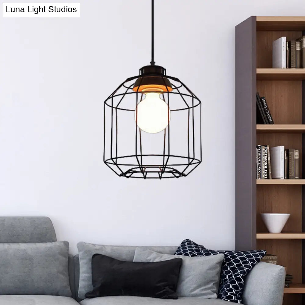 Vintage Black Hanging Pendant Light With Metal Cage Shade For Bedroom - Retro Style Lamp / Cylinder