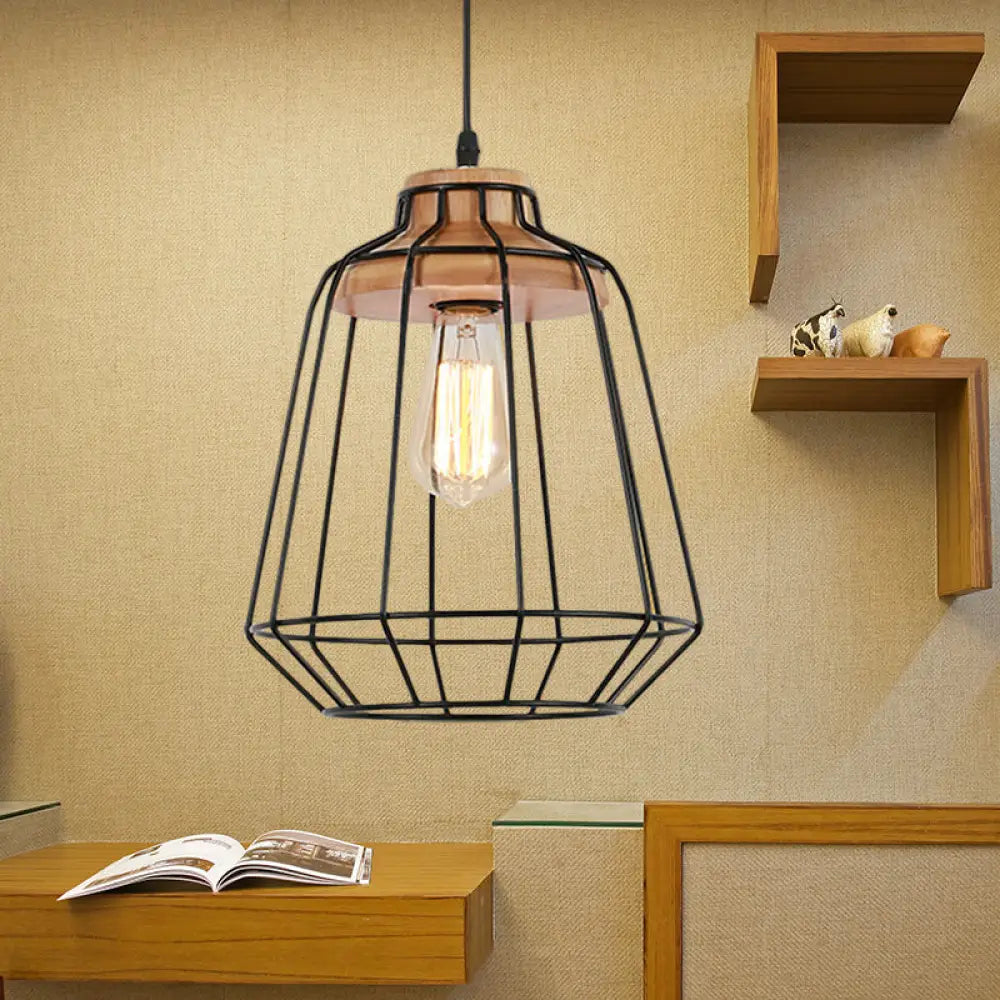 Retro Metal Pendant Light With Barrel/Cylinder Cage Shade - Bedroom Hanging Lamp In Black / Barrel