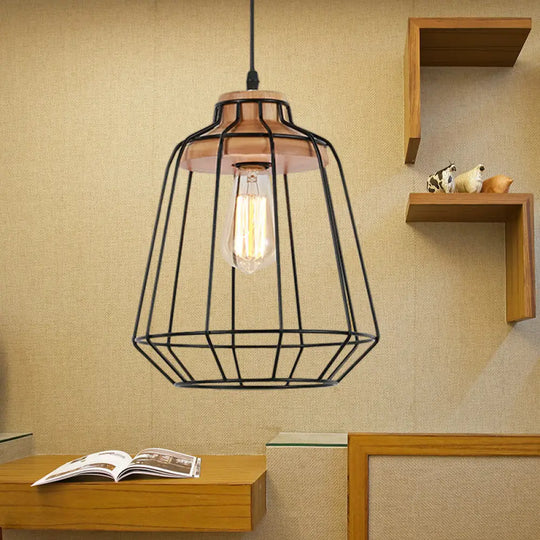 Retro Metal Pendant Light With Barrel/Cylinder Cage Shade - Bedroom Hanging Lamp In Black / Barrel