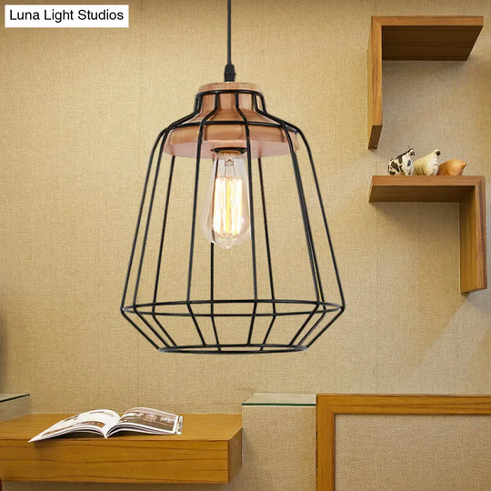 Vintage Black Hanging Pendant Light With Metal Cage Shade For Bedroom - Retro Style Lamp / Barrel
