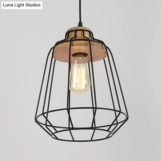 Vintage Black Hanging Pendant Light With Metal Cage Shade For Bedroom - Retro Style Lamp