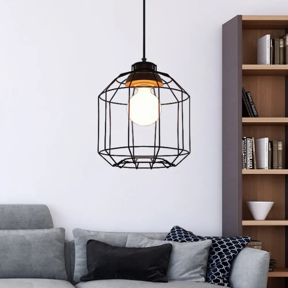 Retro Metal Pendant Light With Barrel/Cylinder Cage Shade - Bedroom Hanging Lamp In Black / Cylinder