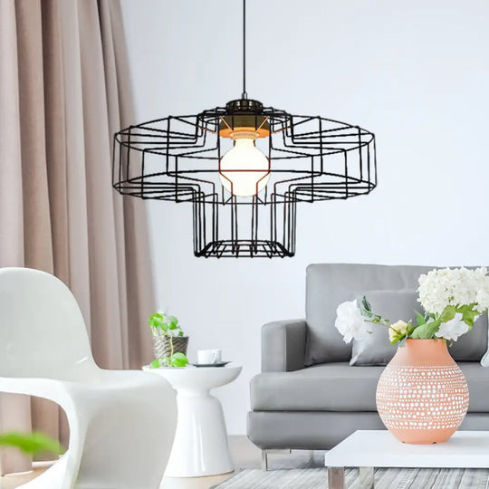 Retro Metal Pendant Light With Barrel/Cylinder Cage Shade - Bedroom Hanging Lamp In Black / Drum
