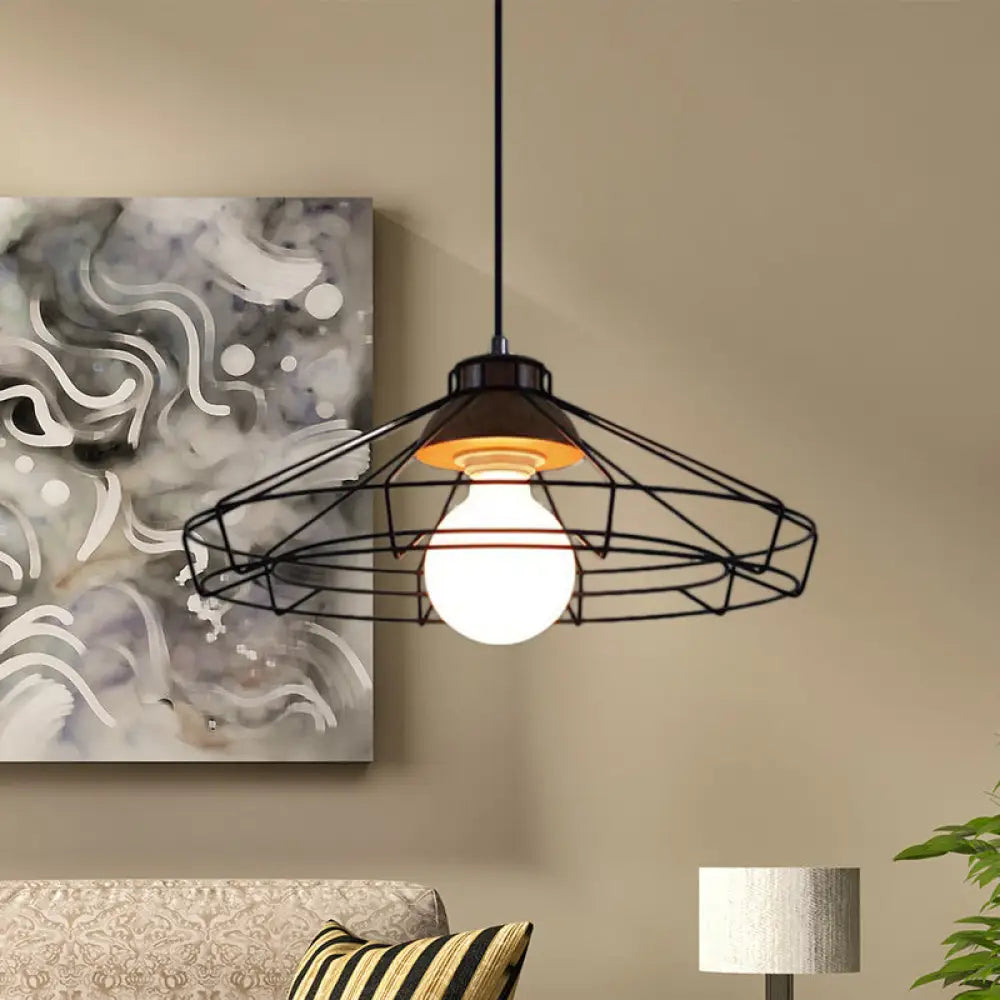Retro Metal Pendant Light With Barrel/Cylinder Cage Shade - Bedroom Hanging Lamp In Black / Saucer