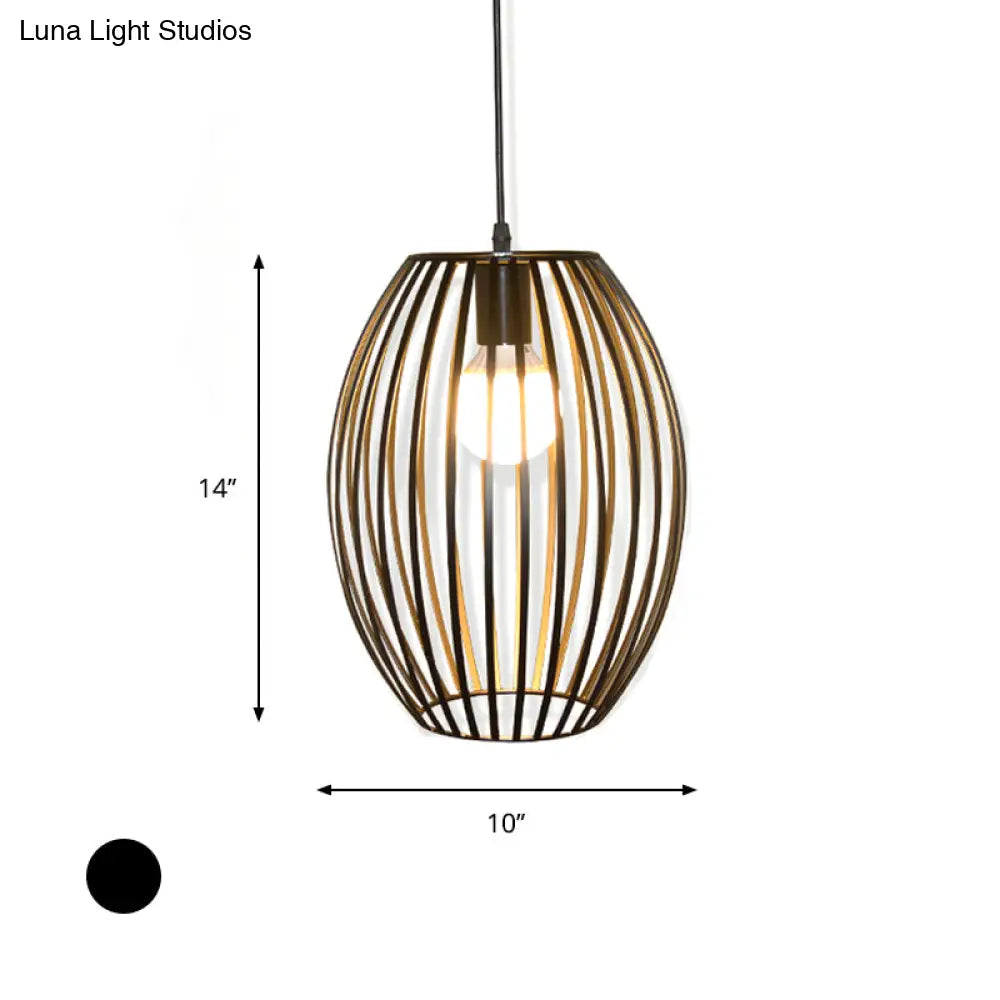 Retro Metal Pendant Light With Black Oval Cage Shade For Bedroom Ceiling