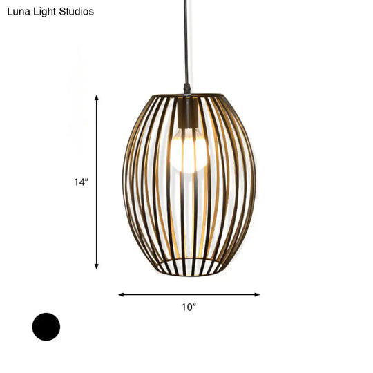 Black Retro Style Hanging Pendant Light With Metal Oval Cage Shade - Bedroom Ceiling Fixture