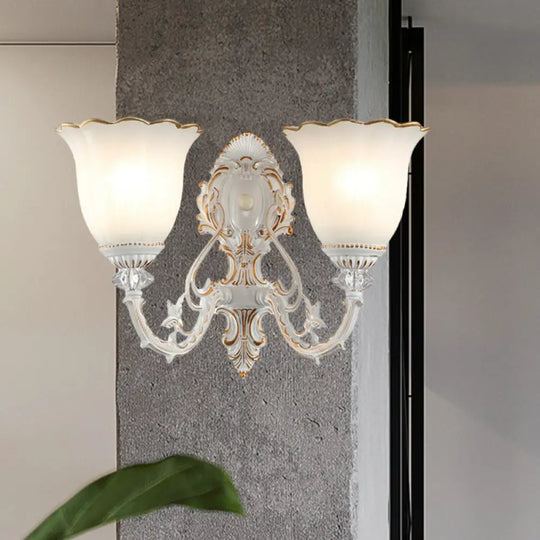 Retro Metal Sconce With 2 Bulbs And White Glass Shade For Bedroom Walls