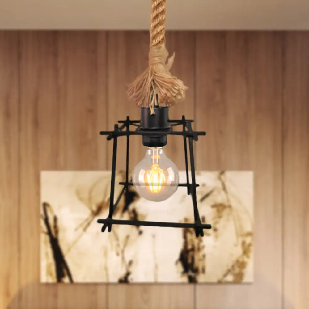 Retro Metal Trapezoid Cage Ceiling Light Black Pendant Lamp With Adjustable Rope – Ideal For