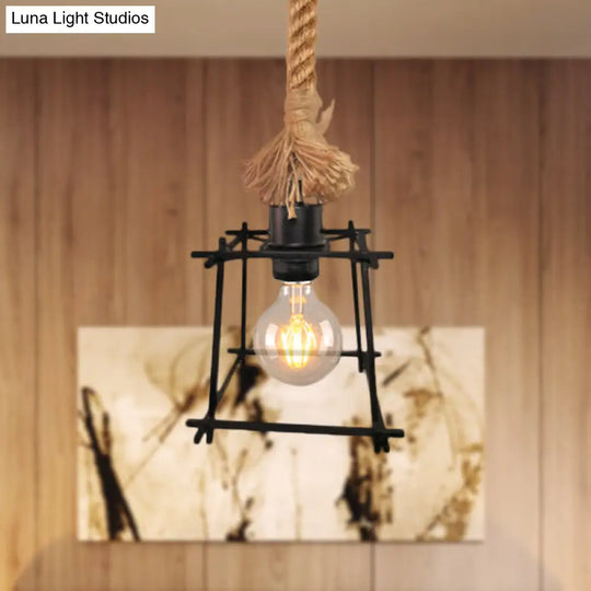 Retro Metal Cage Ceiling Light - Black Pendant Lamp With Adjustable Rope Ideal For Living Room