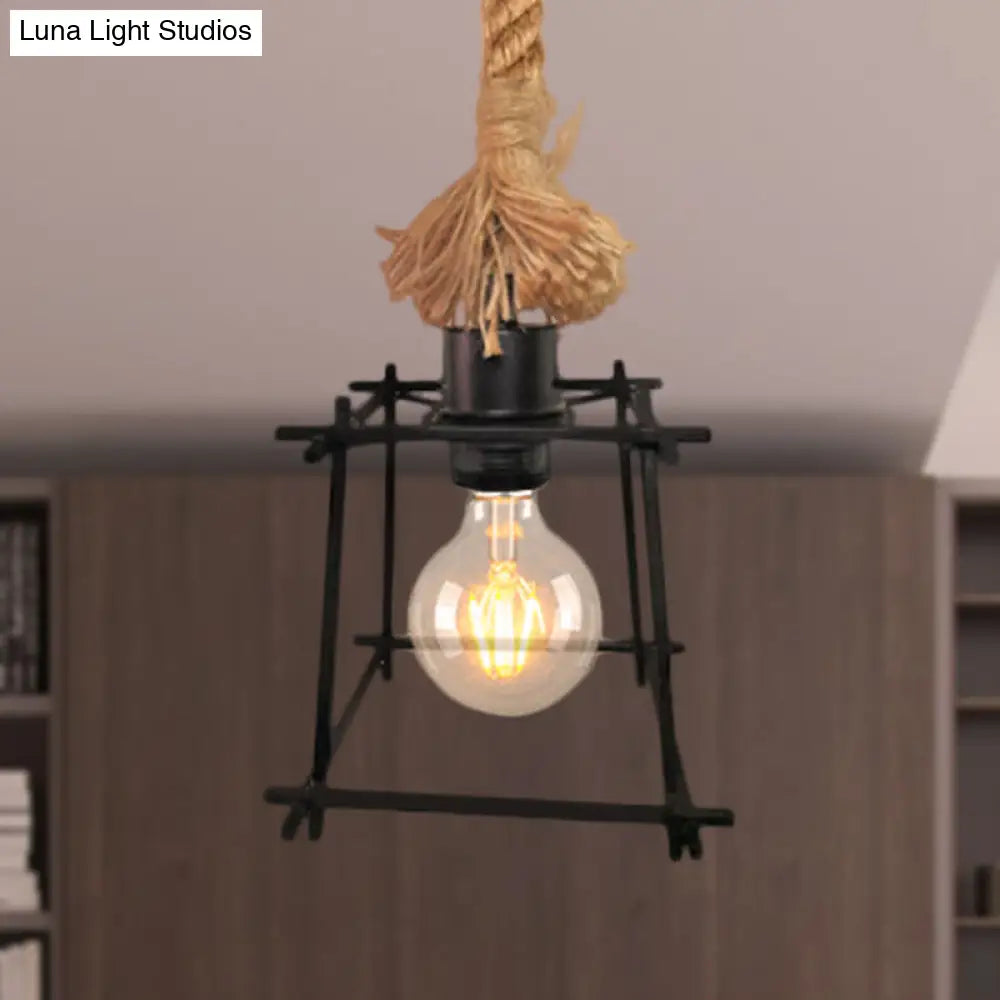 Retro Metal Cage Ceiling Light - Black Pendant Lamp With Adjustable Rope Ideal For Living Room