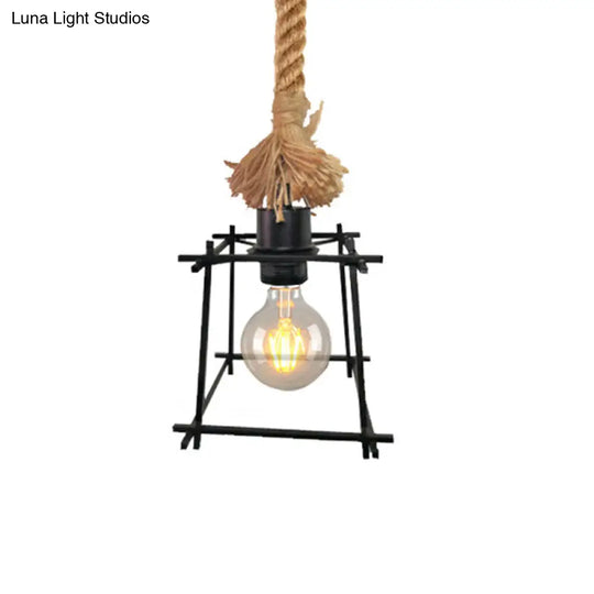 Retro Metal Cage Ceiling Light - Black Pendant Lamp With Adjustable Rope Ideal For Living Room