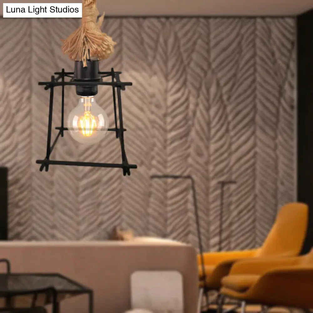 Retro Metal Cage Ceiling Light - Black Pendant Lamp With Adjustable Rope Ideal For Living Room