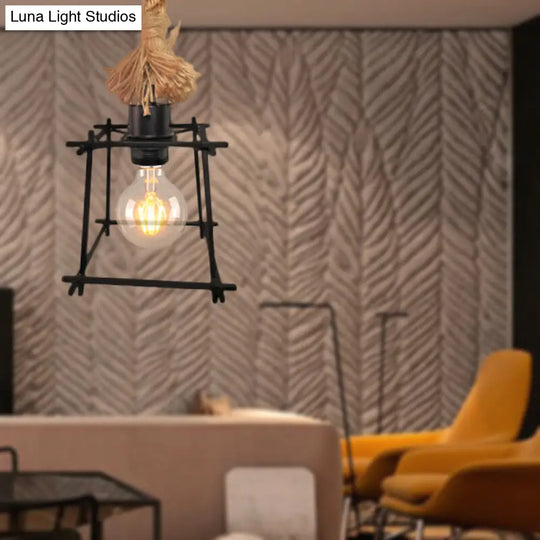 Retro Metal Cage Ceiling Light - Black Pendant Lamp With Adjustable Rope Ideal For Living Room