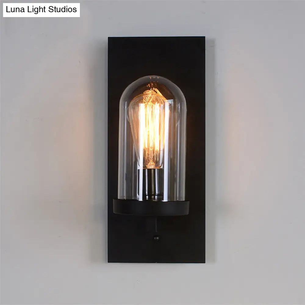 Retro Metal Wall Sconce With Clear Cloche Glass Shade - Black Rectangular Design