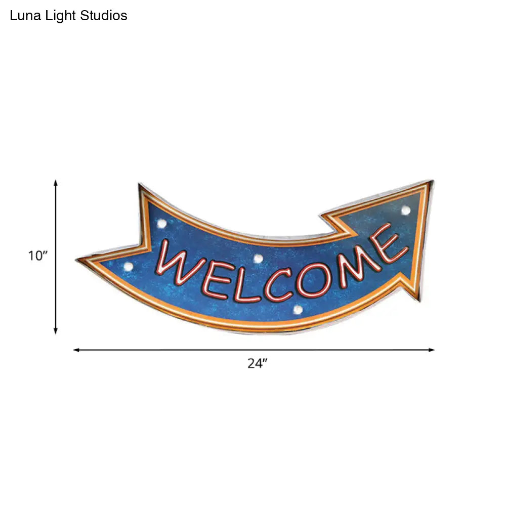 Retro Metallic Beer Bar Led Night Light - Blue Welcome Direction Arrow Sign Wall Lamp