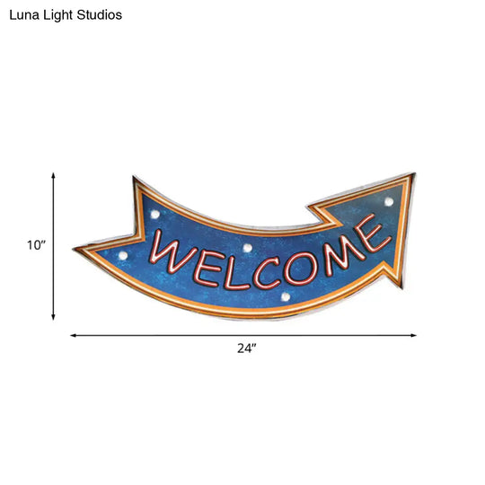 Retro Metallic Beer Bar Led Night Light - Blue Welcome Direction Arrow Sign Wall Lamp