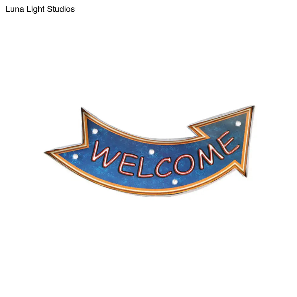 Retro Metallic Beer Bar Led Night Light - Blue Welcome Direction Arrow Sign Wall Lamp