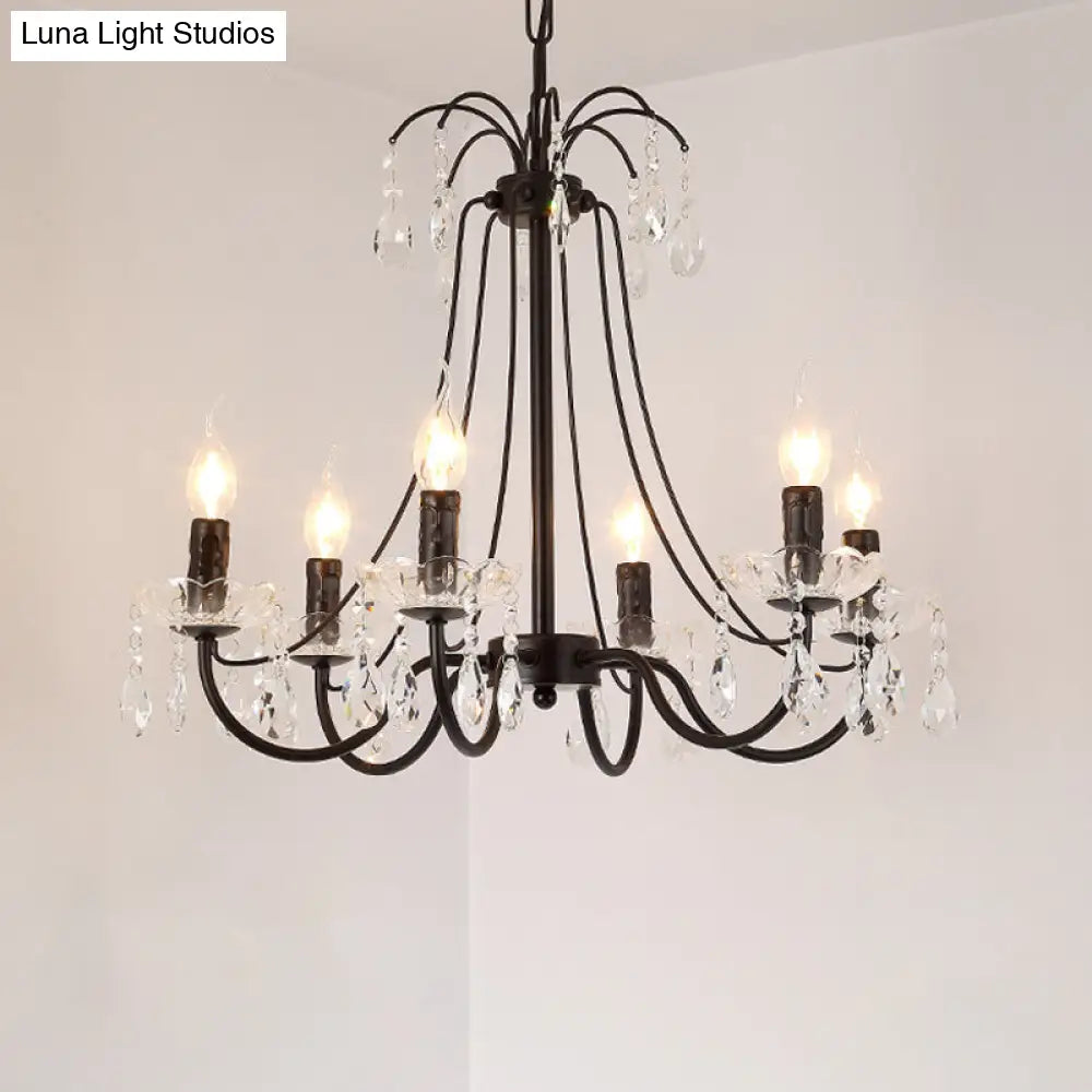 Retro Metallic Black Chandelier With Crystal Pendant - Elegant Swooping Arm Lighting Fixture