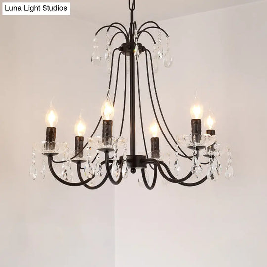 Retro Metallic Black Chandelier With Crystal Pendant - Elegant Swooping Arm Lighting Fixture