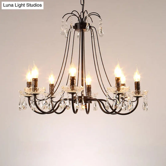 Retro Metallic Black Chandelier With Crystal Pendant - Elegant Swooping Arm Lighting Fixture