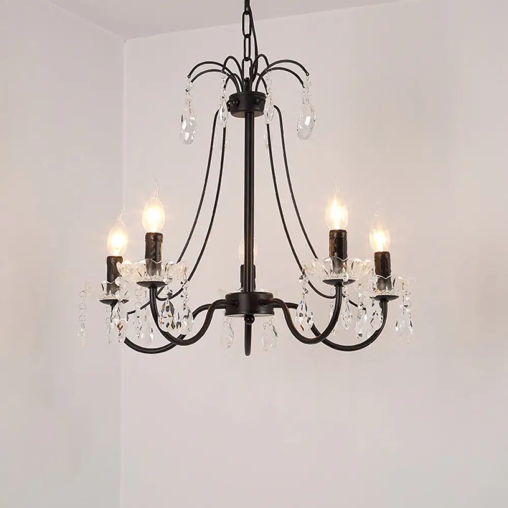 Retro Metallic Black Chandelier With Crystal Pendant - Elegant Swooping Arm Lighting Fixture 5 /