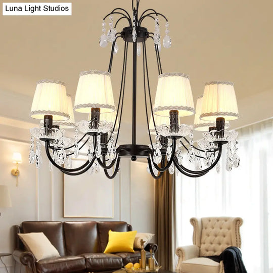 Retro Metallic Black Chandelier With Crystal Pendant - Elegant Swooping Arm Lighting Fixture