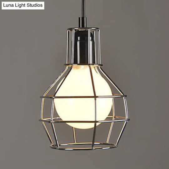 Retro Metallic Pendant Light Globe Coffee Shop Hanging Lamp With Gold/Silver Finish And Wire Frame