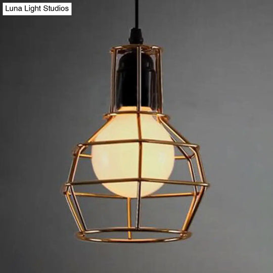 Retro Metallic Pendant Light Globe Coffee Shop Hanging Lamp With Gold/Silver Finish And Wire Frame