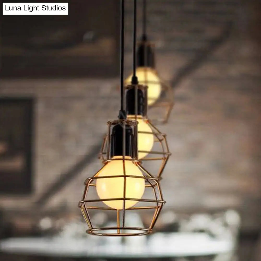 Retro Metallic Pendant Light Globe Coffee Shop Hanging Lamp With Gold/Silver Finish And Wire Frame