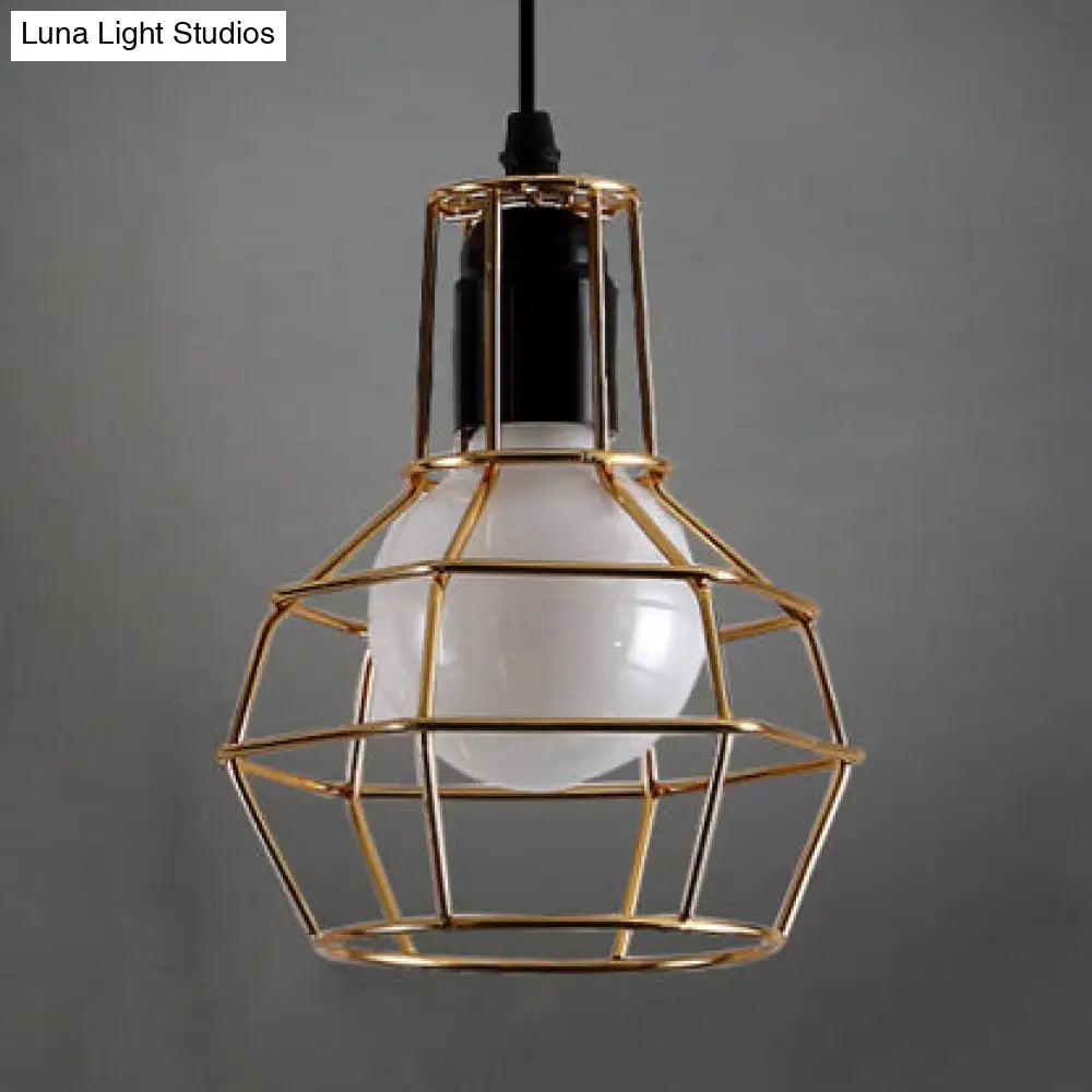 Retro Metallic Pendant Light Globe Coffee Shop Hanging Lamp With Gold/Silver Finish And Wire Frame