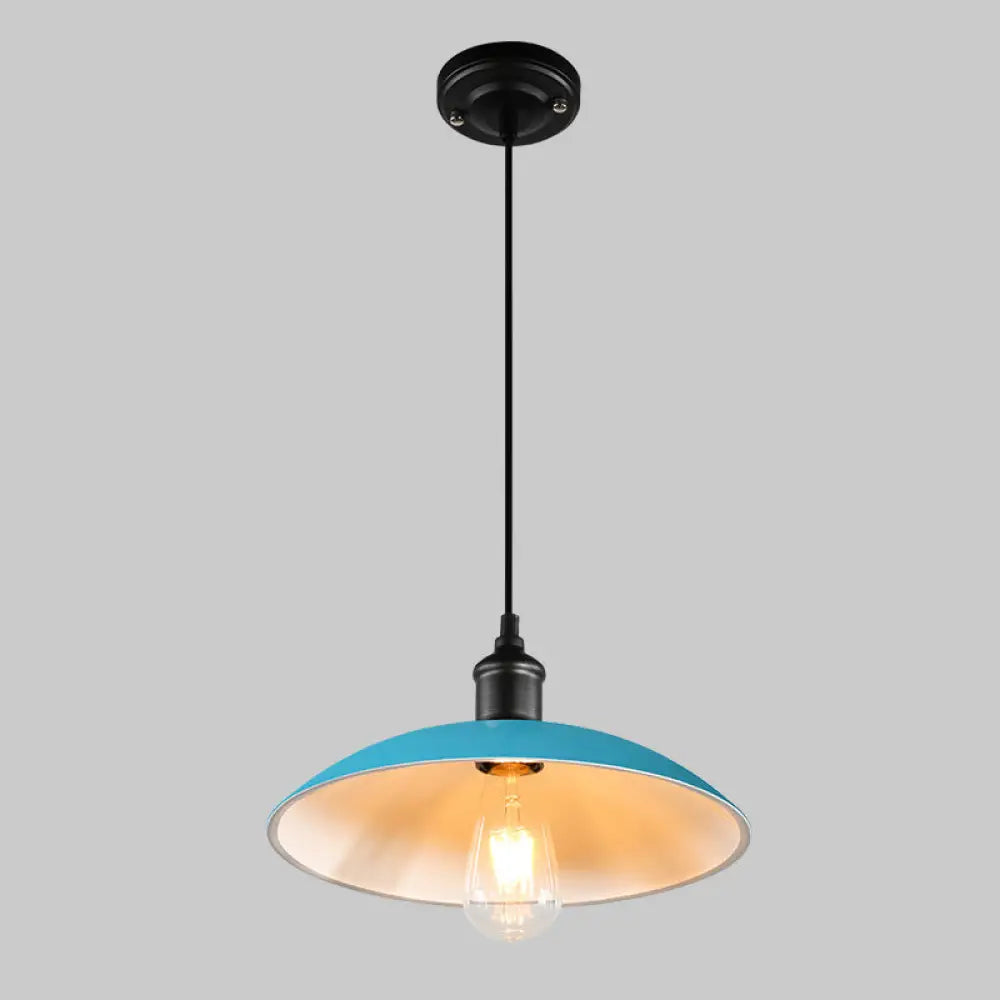 Retro Metallic Pot Cover Pendant Light For Restaurants - 1 Head Ceiling Suspension Blue / 12.5’