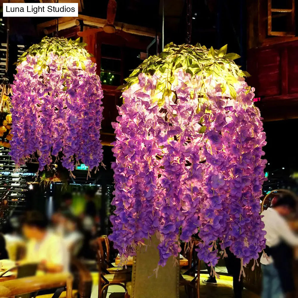 Retro Metallic Purple Sphere Pendant Ceiling Light With Wisteria Decor - Ideal For Restaurants