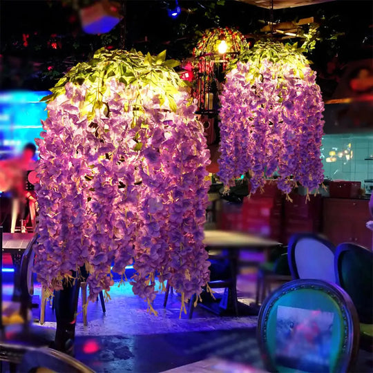 Retro Metallic Purple Sphere Pendant Ceiling Light With Wisteria Decor - Ideal For Restaurants /