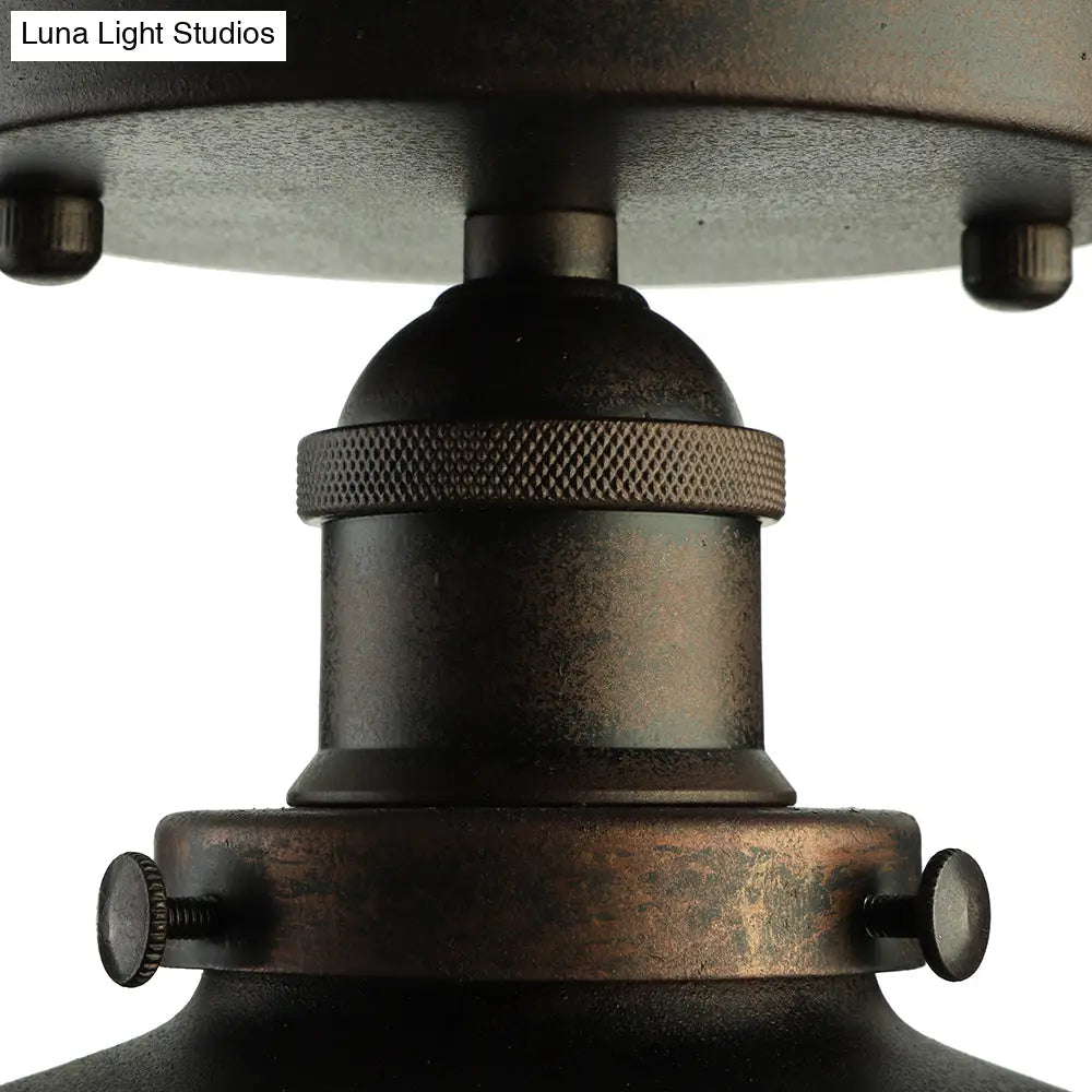 Retro Metallic Semi Flush Mount Ceiling Light - Black/Rust Cone Shade 1 Head Close To Lighting For